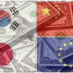 한국, 중국, 일본, 유럽 국기와 달러