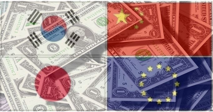 한국, 중국, 일본, 유럽 국기와 달러